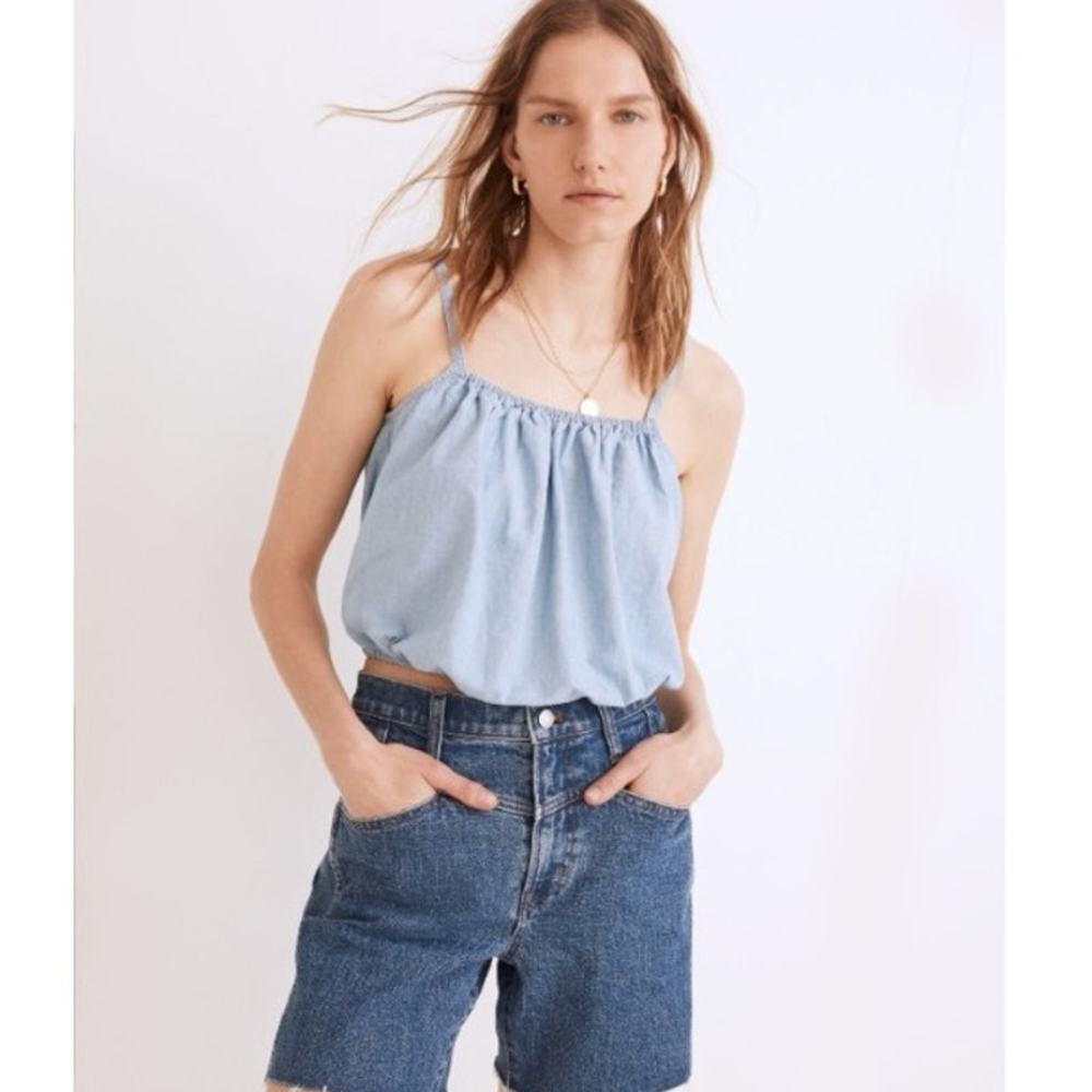NWT Madewell Women's Chambray Meriden Blue Puffy Cropped Top XXS